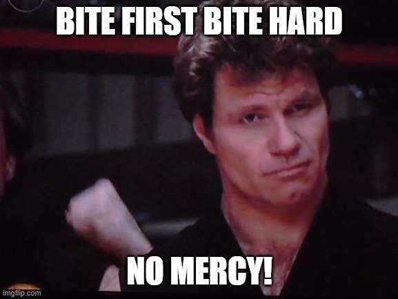 John Kreese | BITE FIRST BITE HARD; NO MERCY! | image tagged in john kreese,martin kove | made w/ Imgflip meme maker