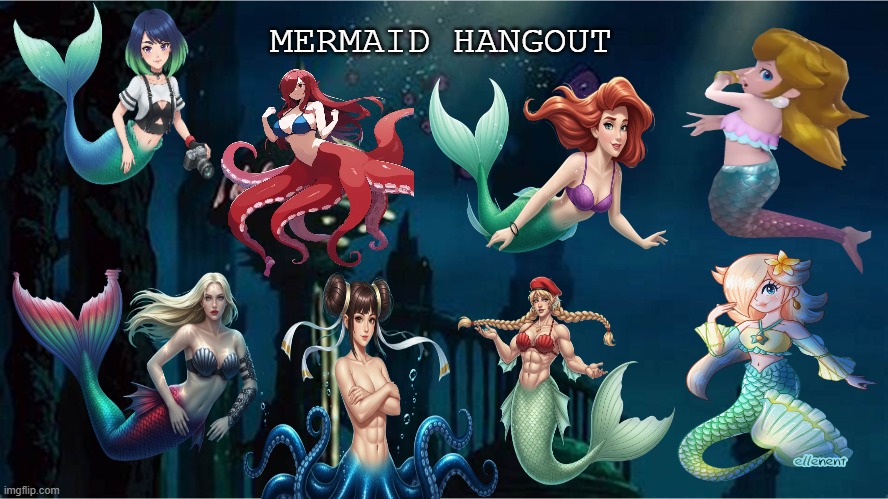 mermaid hangout 2.0 | MERMAID HANGOUT | image tagged in the little mermaid,mermaid hangout,crossover memes,street fighter,super mario bros,under the sea | made w/ Imgflip meme maker