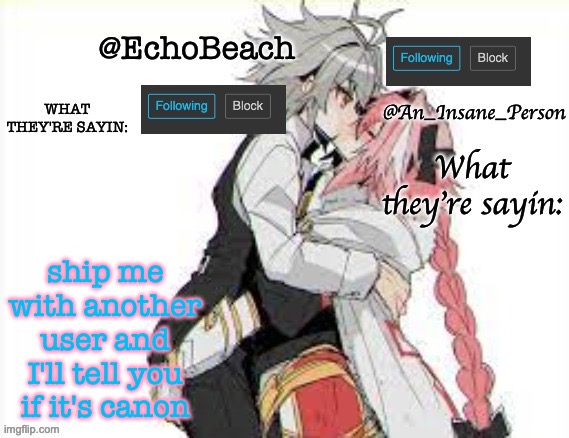 EchoBeach and InsanePerson shared temp :3 | ship me with another user and I'll tell you if it's canon | image tagged in echobeach and insaneperson shared temp 3 | made w/ Imgflip meme maker