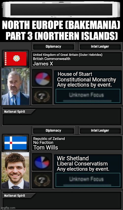 NORTH EUROPE (BAKEMANIA); PART 3 (NORTHERN ISLANDS); United Kingdom of Great Britain (Outer Hebrides); British Commonwealth; James X; House of Stuart; Constitutional Monarchy; Any elections by event. Republic of Zetland; No Faction; Tom Wills; Wir Shetland; Liberal Conservatism; Any elections by event. | image tagged in memes,britain,kings | made w/ Imgflip meme maker