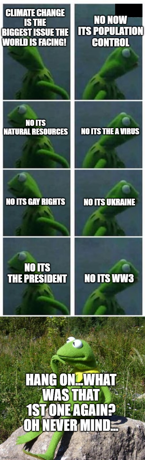 NO NOW ITS POPULATION CONTROL; CLIMATE CHANGE IS THE BIGGEST ISSUE THE WORLD IS FACING! NO ITS NATURAL RESOURCES; NO ITS THE A VIRUS; NO ITS UKRAINE; NO ITS GAY RIGHTS; NO ITS THE PRESIDENT; NO ITS WW3; HANG ON...WHAT WAS THAT 1ST ONE AGAIN? OH NEVER MIND... | image tagged in kermit looking left and right,kermit-thinking | made w/ Imgflip meme maker