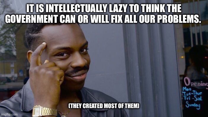 Roll Safe Think About It | IT IS INTELLECTUALLY LAZY TO THINK THE GOVERNMENT CAN OR WILL FIX ALL OUR PROBLEMS. (THEY CREATED MOST OF THEM) | image tagged in memes,roll safe think about it | made w/ Imgflip meme maker