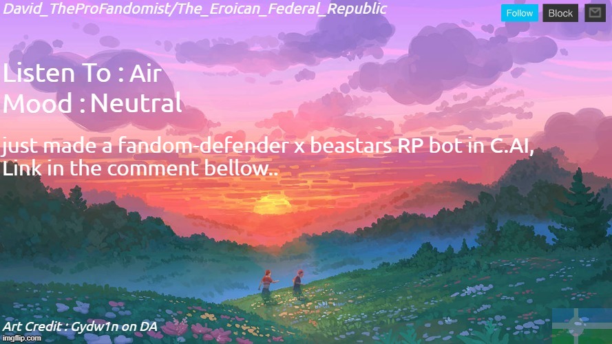 New and Better Eroican Federal Republic's Announcement | Air; Neutral; just made a fandom-defender x beastars RP bot in C.AI,
Link in the comment bellow.. | image tagged in new and better eroican federal republic's announcement | made w/ Imgflip meme maker