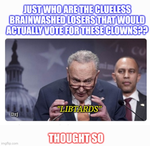 Thought so... | JUST WHO ARE THE CLUELESS BRAINWASHED LOSERS THAT WOULD ACTUALLY VOTE FOR THESE CLOWNS?? "LIBTARDS"; DzJ; THOUGHT SO | image tagged in brainwashed,libtard,losers,butthurt liberals | made w/ Imgflip meme maker
