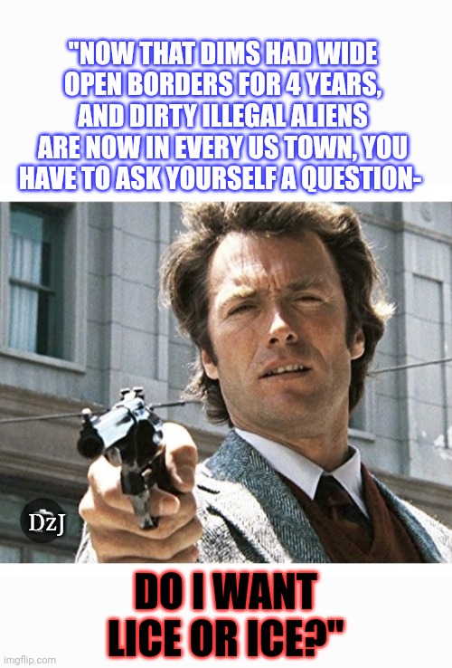 "WELL DO YA PUNK??" | "NOW THAT DIMS HAD WIDE OPEN BORDERS FOR 4 YEARS, AND DIRTY ILLEGAL ALIENS ARE NOW IN EVERY US TOWN, YOU HAVE TO ASK YOURSELF A QUESTION-; DO I WANT LICE OR ICE?"; DzJ | image tagged in deportation,all,illegal immigrants,criminals | made w/ Imgflip meme maker