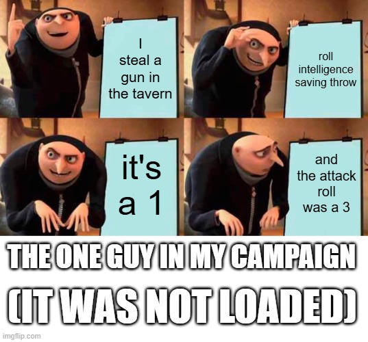 Gru's Plan | I steal a gun in the tavern; roll intelligence saving throw; it's a 1; and the attack roll was a 3; THE ONE GUY IN MY CAMPAIGN; (IT WAS NOT LOADED) | image tagged in memes,gru's plan | made w/ Imgflip meme maker