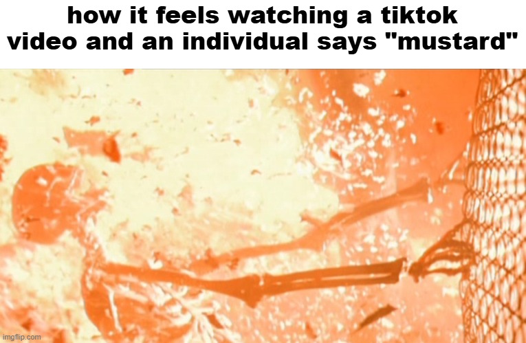 destroying my eyes fr fr | how it feels watching a tiktok video and an individual says "mustard" | image tagged in skeleton exploding | made w/ Imgflip meme maker