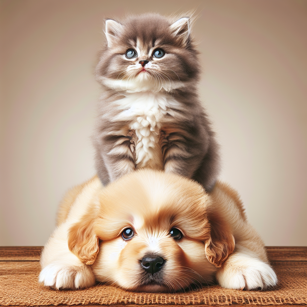 A cute, fluffy kitten calmly sitting on top of a gentle, happy-l Blank Meme Template