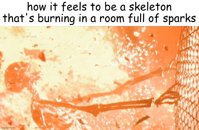 Skeleton exploding | how it feels to be a skeleton that's burning in a room full of sparks | image tagged in skeleton exploding | made w/ Imgflip meme maker