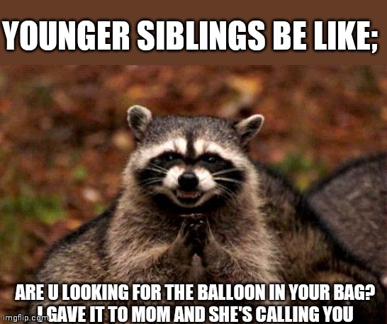 Evil Plotting Raccoon | YOUNGER SIBLINGS BE LIKE;; ARE U LOOKING FOR THE BALLOON IN YOUR BAG?
I GAVE IT TO MOM AND SHE'S CALLING YOU | image tagged in memes,evil plotting raccoon | made w/ Imgflip meme maker