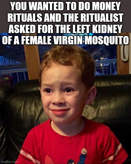 Uneasy kid | YOU WANTED TO DO MONEY RITUALS AND THE RITUALIST ASKED FOR THE LEFT KIDNEY OF A FEMALE VIRGIN MOSQUITO | image tagged in uneasy kid | made w/ Imgflip meme maker