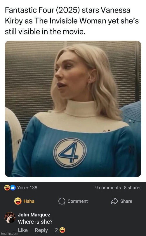 I don't see her anywhere | image tagged in fantastic four,fantastic 4,marvel,mcu,marvel cinematic universe | made w/ Imgflip meme maker