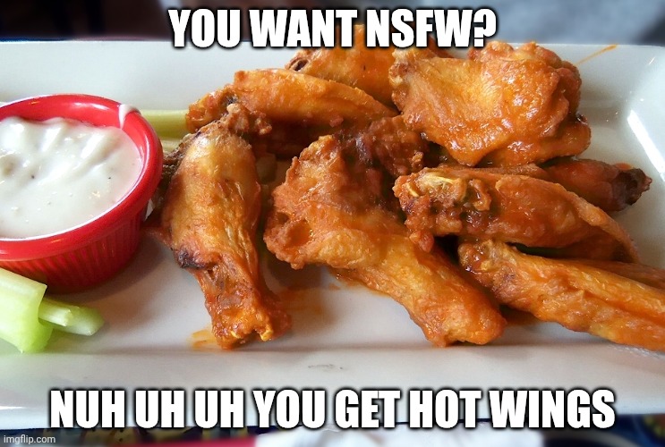 Hot Wings | YOU WANT NSFW? NUH UH UH YOU GET HOT WINGS | image tagged in hot wings | made w/ Imgflip meme maker