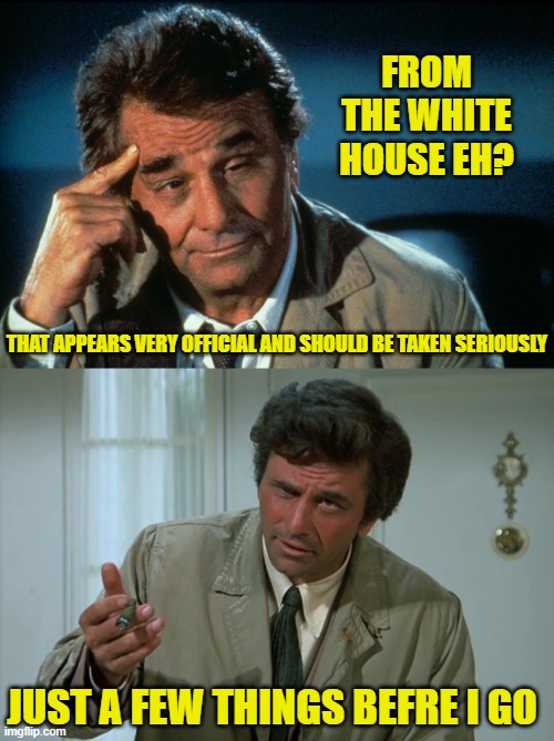 FROM THE WHITE HOUSE EH? JUST A FEW THINGS BEFRE I GO THAT APPEARS VERY OFFICIAL AND SHOULD BE TAKEN SERIOUSLY | image tagged in columbo roll safe,columbo | made w/ Imgflip meme maker