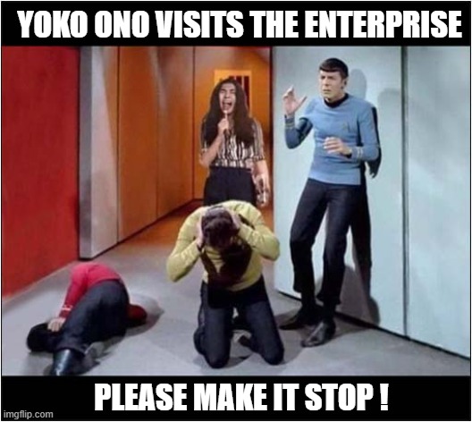 Even In Space, You Could Hear Her Scream ! | YOKO ONO VISITS THE ENTERPRISE; PLEASE MAKE IT STOP ! | image tagged in retro,startrek,yoko ono,screaming | made w/ Imgflip meme maker