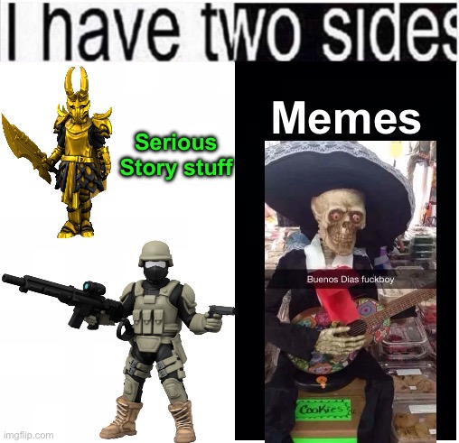 (Talking about the majority of my photos, the minority is personal stuff) | Serious Story stuff; Memes | image tagged in i have two sides | made w/ Imgflip meme maker