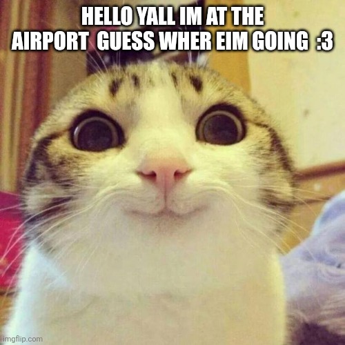 Lol | HELLO YALL IM AT THE AIRPORT  GUESS WHER EIM GOING  :3 | image tagged in memes,smiling cat | made w/ Imgflip meme maker