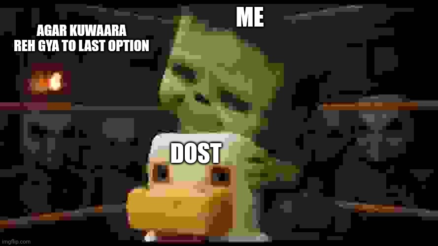 chicken jockey cute | ME; AGAR KUWAARA REH GYA TO LAST OPTION; DOST | image tagged in chicken jockey cute | made w/ Imgflip meme maker