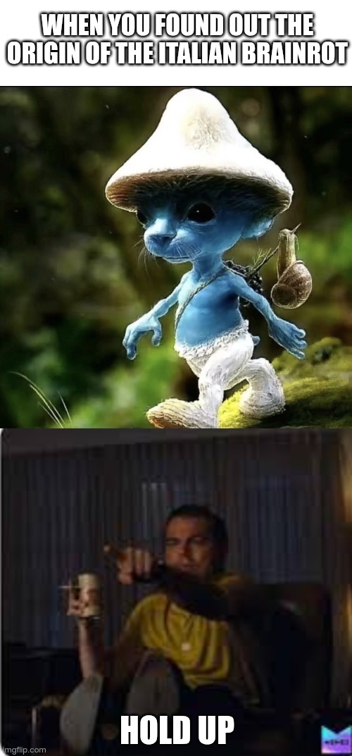 Italian brainrot lore confirm (?) | WHEN YOU FOUND OUT THE ORIGIN OF THE ITALIAN BRAINROT; HOLD UP | image tagged in blue smurf cat,guy pointing at tv | made w/ Imgflip meme maker