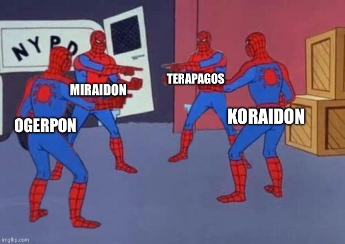 4 legendaries | TERAPAGOS; MIRAIDON; KORAIDON; OGERPON | image tagged in 4 spiderman pointing at each other | made w/ Imgflip meme maker