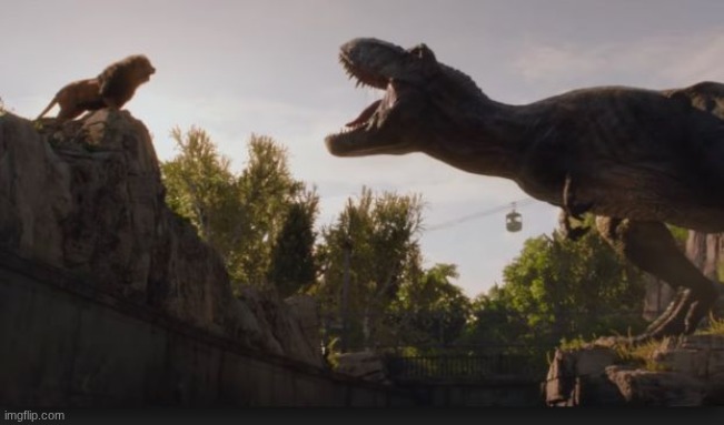 Lion vs. T-rex Jurassic World | image tagged in lion vs t-rex jurassic world | made w/ Imgflip meme maker