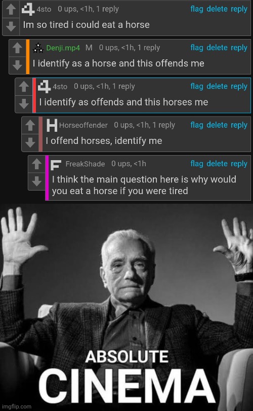 image tagged in horse offender,absolute cinema | made w/ Imgflip meme maker