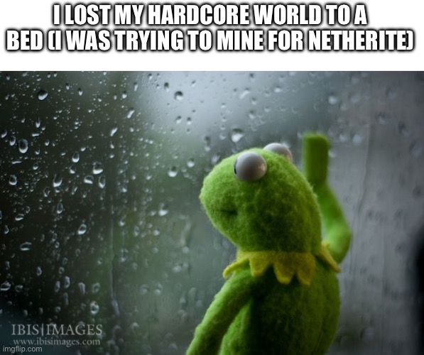 I had enchanted gear too | I LOST MY HARDCORE WORLD TO A BED (I WAS TRYING TO MINE FOR NETHERITE) | image tagged in kermit window,minecraft,sad | made w/ Imgflip meme maker