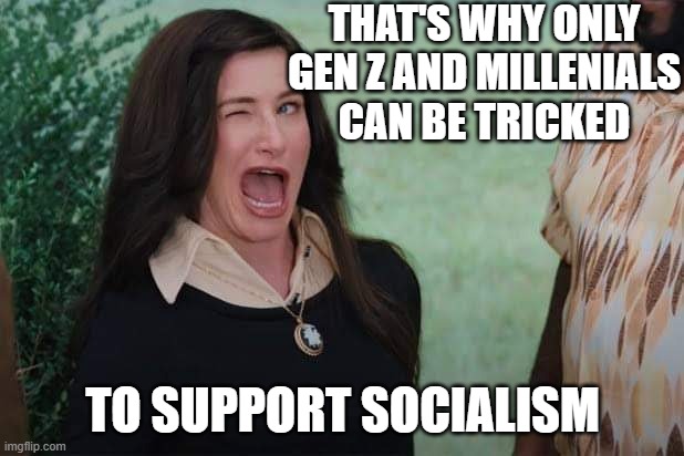 WandaVision Agnes wink | THAT'S WHY ONLY GEN Z AND MILLENIALS CAN BE TRICKED TO SUPPORT SOCIALISM | image tagged in wandavision agnes wink | made w/ Imgflip meme maker