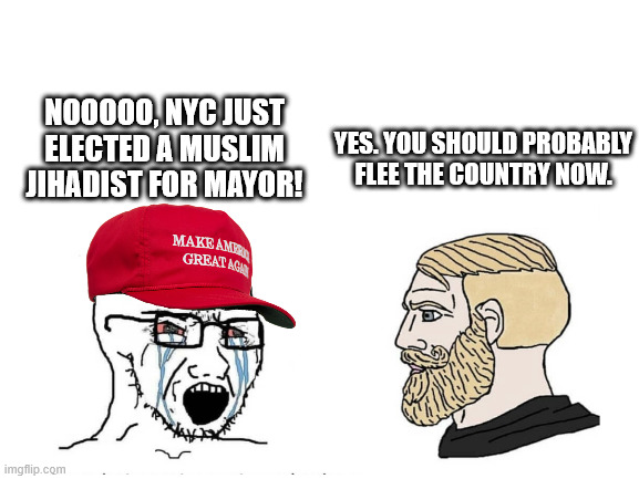 Blank White Template | YES. YOU SHOULD PROBABLY FLEE THE COUNTRY NOW. NOOOOO, NYC JUST ELECTED A MUSLIM JIHADIST FOR MAYOR! | image tagged in blank white template | made w/ Imgflip meme maker