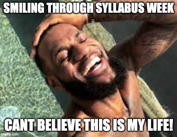 smiling through it | SMILING THROUGH SYLLABUS WEEK; CANT BELIEVE THIS IS MY LIFE! | image tagged in lebron james | made w/ Imgflip meme maker