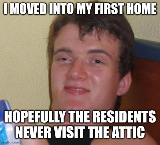 10 Guy | I MOVED INTO MY FIRST HOME; HOPEFULLY THE RESIDENTS NEVER VISIT THE ATTIC | image tagged in memes,10 guy | made w/ Imgflip meme maker