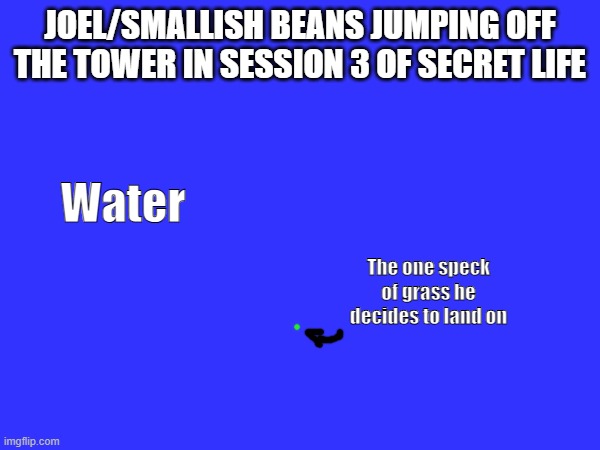 Stupid Fail | JOEL/SMALLISH BEANS JUMPING OFF THE TOWER IN SESSION 3 OF SECRET LIFE; Water; The one speck of grass he decides to land on | image tagged in minecraft,stupid | made w/ Imgflip meme maker