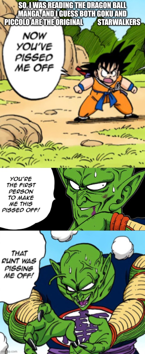 How many Original            Starwalkers are there? | SO, I WAS READING THE DRAGON BALL MANGA, AND I GUESS BOTH GOKU AND PICCOLO ARE THE ORIGINAL           STARWALKERS | image tagged in pissing me off,i'm the original,- - - -,starwalker | made w/ Imgflip meme maker