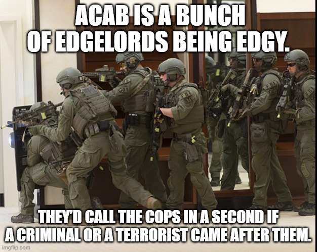 ACABers are edgelords. | ACAB IS A BUNCH OF EDGELORDS BEING EDGY. THEY’D CALL THE COPS IN A SECOND IF A CRIMINAL OR A TERRORIST CAME AFTER THEM. | image tagged in fbi swat,police,cops,memes,funny | made w/ Imgflip meme maker