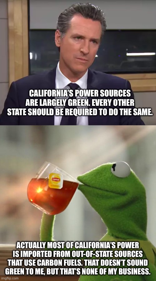 CALIFORNIA’S POWER SOURCES ARE LARGELY GREEN. EVERY OTHER STATE SHOULD BE REQUIRED TO DO THE SAME. ACTUALLY MOST OF CALIFORNIA’S POWER IS IMPORTED FROM OUT-OF-STATE SOURCES THAT USE CARBON FUELS. THAT DOESN’T SOUND GREEN TO ME, BUT THAT’S NONE OF MY BUSINESS. | image tagged in governor california,memes,but that's none of my business | made w/ Imgflip meme maker
