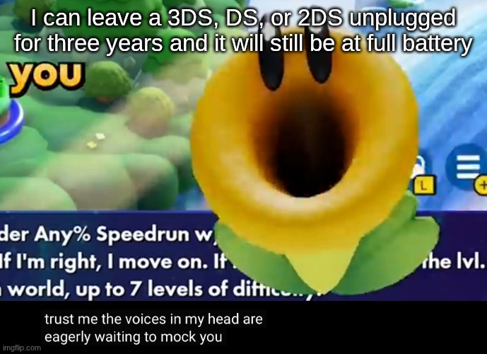trust me the voices in my head are eagerly waiting to mock you | I can leave a 3DS, DS, or 2DS unplugged for three years and it will still be at full battery | image tagged in trust me the voices in my head are eagerly waiting to mock you | made w/ Imgflip meme maker