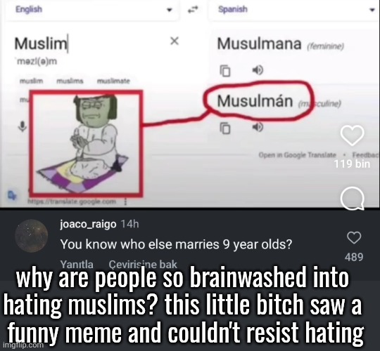 why are people so brainwashed into 
hating muslims? this little bitch saw a 
funny meme and couldn't resist hating | made w/ Imgflip meme maker