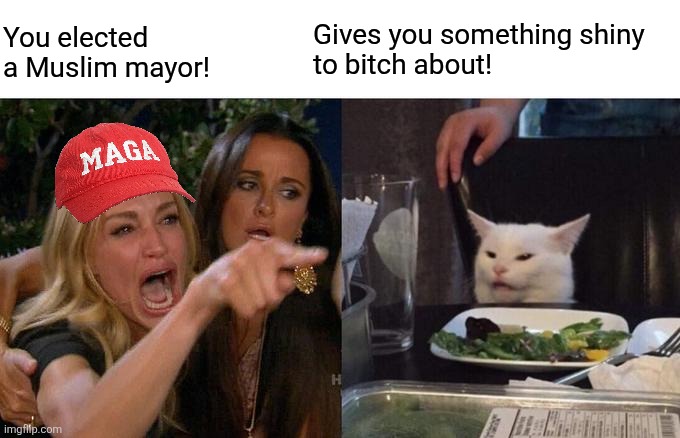 Woman Yelling At Cat Meme | You elected a Muslim mayor! Gives you something shiny 
to bitch about! | image tagged in memes,woman yelling at cat | made w/ Imgflip meme maker