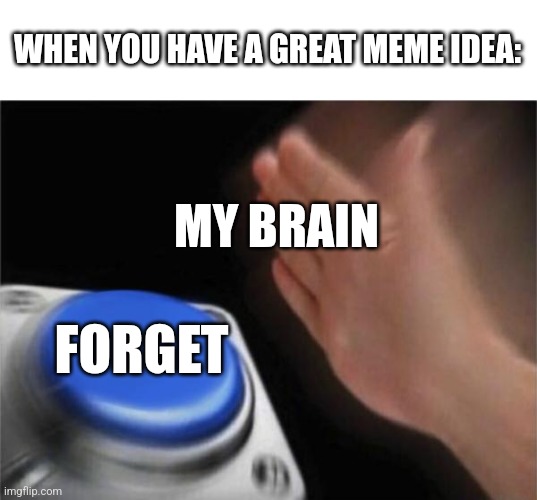 Blank Nut Button | WHEN YOU HAVE A GREAT MEME IDEA:; MY BRAIN; FORGET | image tagged in memes,blank nut button | made w/ Imgflip meme maker