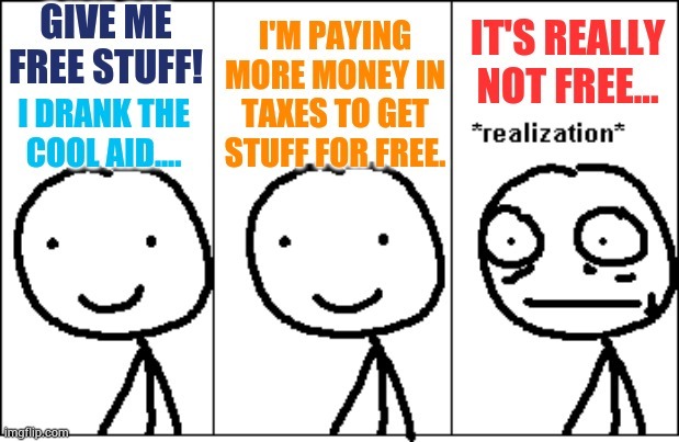 An Example Of What Will Happen When You Want Things For Free | image tagged in memes,free,stuff,not really,more more more,taxes | made w/ Imgflip meme maker