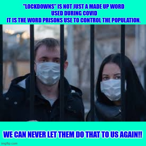 lockdowns don't let them do that to us again | "LOCKDOWNS" IS NOT JUST A MADE UP WORD 

USED DURING COVID

IT IS THE WORD PRISONS USE TO CONTROL THE POPULATION. WE CAN NEVER LET THEM DO THAT TO US AGAIN!! | made w/ Imgflip meme maker