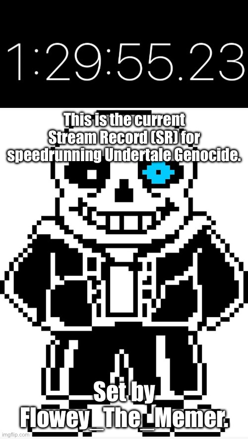 I guess this is the time to beat as of now. | This is the current Stream Record (SR) for speedrunning Undertale Genocide. Set by Flowey_The_Memer. | image tagged in sans with blue eye | made w/ Imgflip meme maker