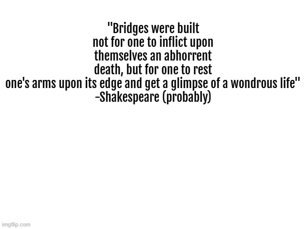 "Bridges were built not for one to inflict upon themselves an abhorrent death, but for one to rest one's arms upon its edge and get a glimpse of a wondrous life"

-Shakespeare (probably) | made w/ Imgflip meme maker