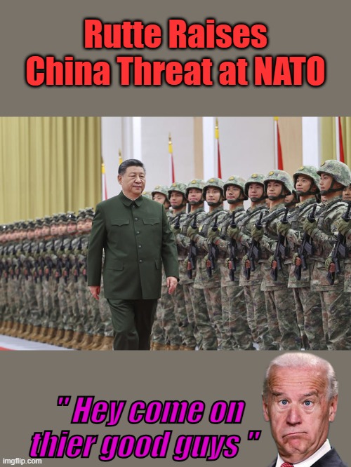 China Joe & Hunter vouched for um. | Rutte Raises China Threat at NATO; " Hey come on thier good guys " | made w/ Imgflip meme maker