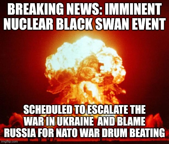 You've been warned. | BREAKING NEWS: IMMINENT NUCLEAR BLACK SWAN EVENT; SCHEDULED TO ESCALATE THE WAR IN UKRAINE  AND BLAME RUSSIA FOR NATO WAR DRUM BEATING | image tagged in nuke | made w/ Imgflip meme maker