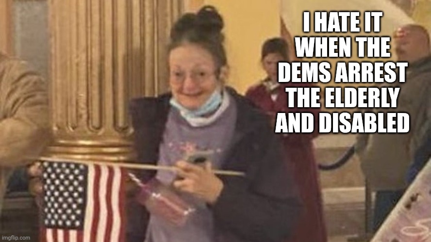 Grandma Insurrection | I HATE IT WHEN THE DEMS ARREST THE ELDERLY AND DISABLED | image tagged in grandma insurrection | made w/ Imgflip meme maker