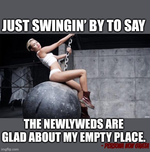 JUST SWINGIN’ BY TO SAY | JUST SWINGIN’ BY TO SAY; THE NEWLYWEDS ARE GLAD ABOUT MY EMPTY PLACE. – PERSONA NON GRATA | image tagged in irony,drama,rejection,thoughtful,absurd,memes | made w/ Imgflip meme maker
