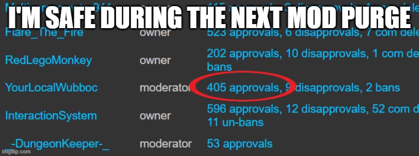 also ignore the 500+ approvals above and below my username | I'M SAFE DURING THE NEXT MOD PURGE | made w/ Imgflip meme maker