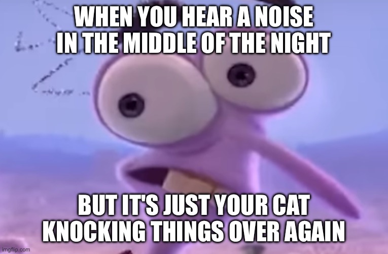 Not again Cat!!! | WHEN YOU HEAR A NOISE IN THE MIDDLE OF THE NIGHT; BUT IT'S JUST YOUR CAT KNOCKING THINGS OVER AGAIN | image tagged in fear | made w/ Imgflip meme maker