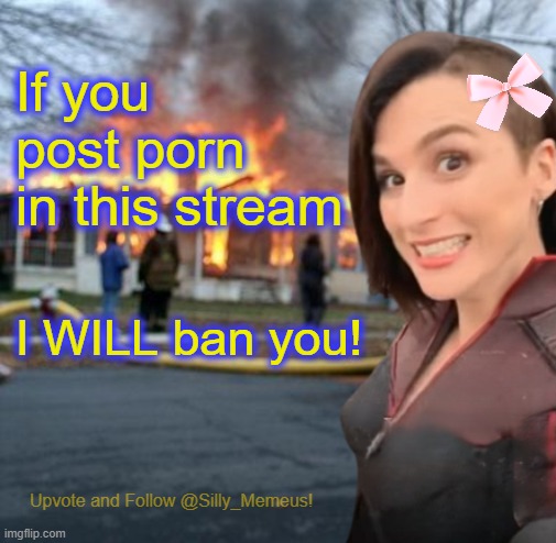 Disaster girl (Memeus edition) Template | If you post porn in this stream; I WILL ban you! | image tagged in disaster girl memeus edition template | made w/ Imgflip meme maker